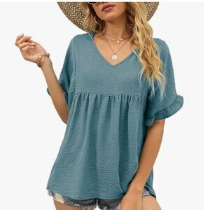 Blue Short Sleeve Baby Doll Pemplum Plus Size Blouse